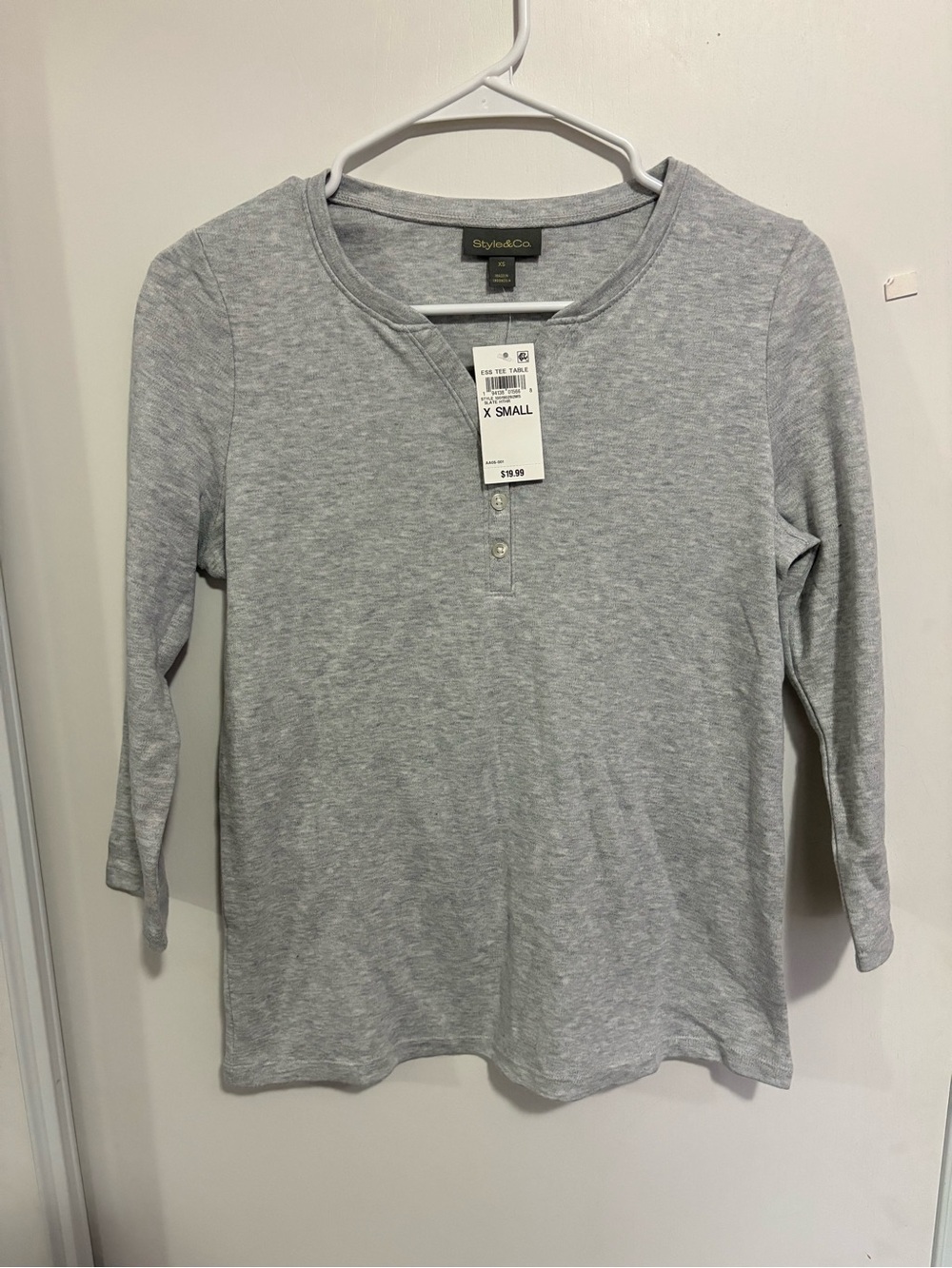 Style & Co Henley Top Women XS Gray Solid 3/4 Sleeve Basic Cotton Layer